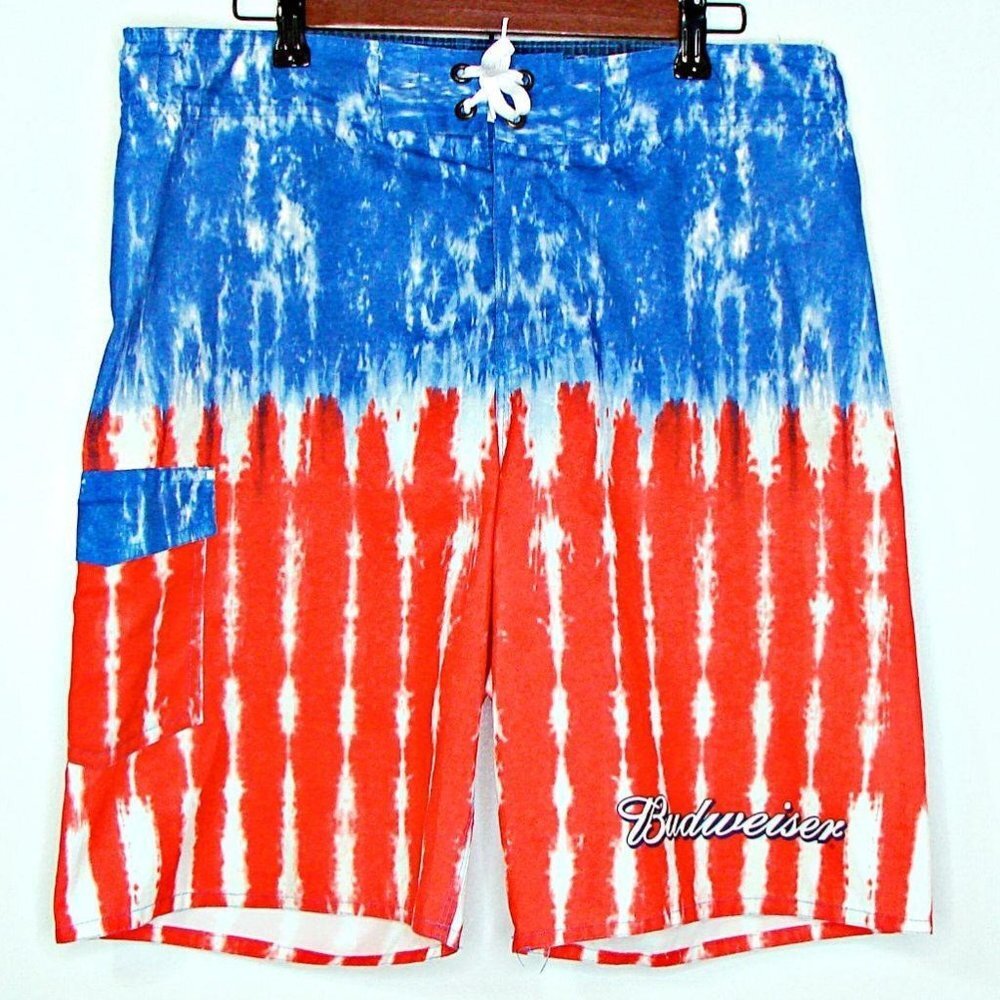 Mens Budweiser Board Shorts Red White Blue Tie Dye